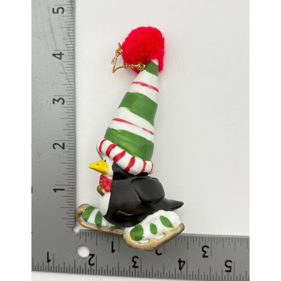 Vintage Ice Skating Penguin Christmas Tree Ornament Striped Hat Hand Painted - Picture 3 of 6